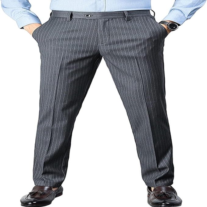 Maiyifu-GJ Men's Slim Stretch Striped Dress Pants Casual Business Formal Suit Pant Elastic Waist Skinny Flat Front Trousers (Grey,32)