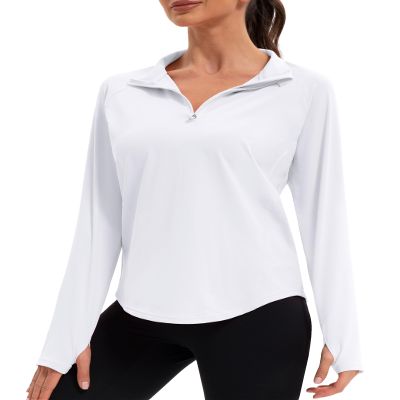 addigi Women's 1/4 Zip Workout Tops Long Sleeve Pullover Athletic Running Yoga Hiking Quick Dry UPF 50+ Sun Shirts with Thumb Hole White Large