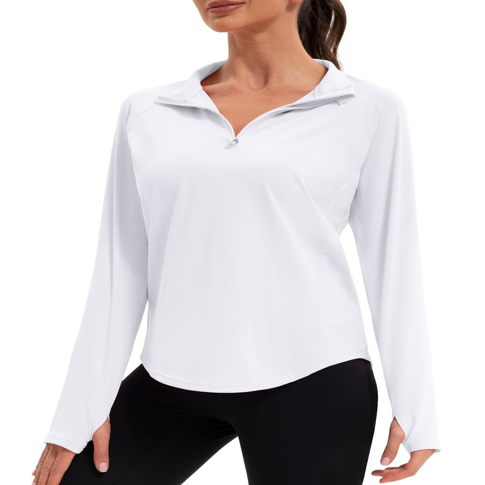 addigi Women's 1/4 Zip Workout Tops Long Sleeve Pullover Athletic Running Yoga Hiking Quick Dry UPF 50+ Sun Shirts with Thumb Hole White Large