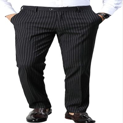 Maiyifu-GJ Men's Slim Stretch Striped Dress Pants Casual Business Formal Suit Pant Elastic Waist Skinny Flat Front Trousers (Black,32)