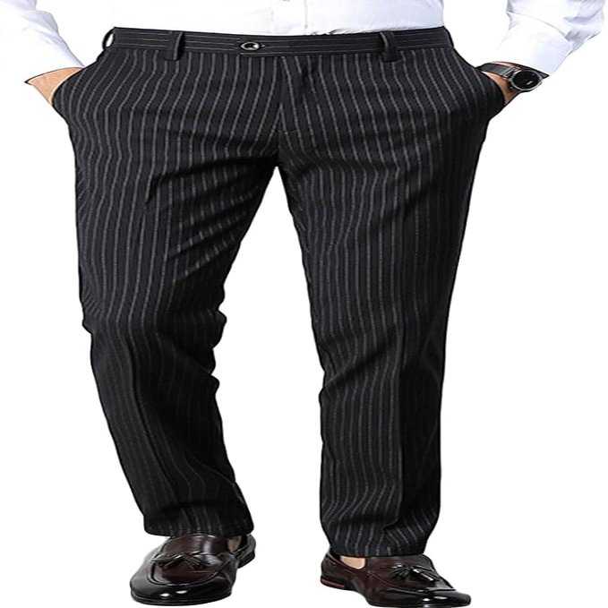 Maiyifu-GJ Men's Slim Stretch Striped Dress Pants Casual Business Formal Suit Pant Elastic Waist Skinny Flat Front Trousers (Black,32)