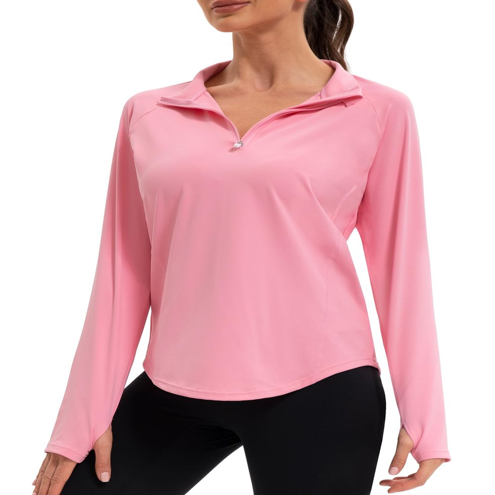 addigi Women's 1/4 Zip Long Sleeve Workout Tops Athletic Running Yoga Hiking Pullover Quick Dry UPF 50+ Sun Shirts with Thumb Hole Pink Large