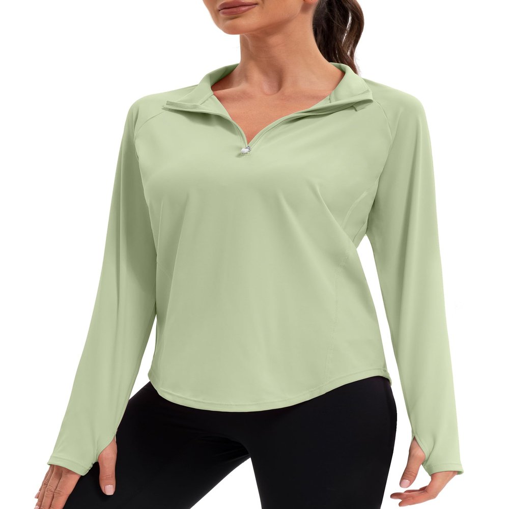 addigi Women's 1/4 Zip Long Sleeve Workout Tops Athletic Running Yoga Hiking Pullover Quick Dry UPF 50+ Sun Shirt with Thumbhole Light Green Large