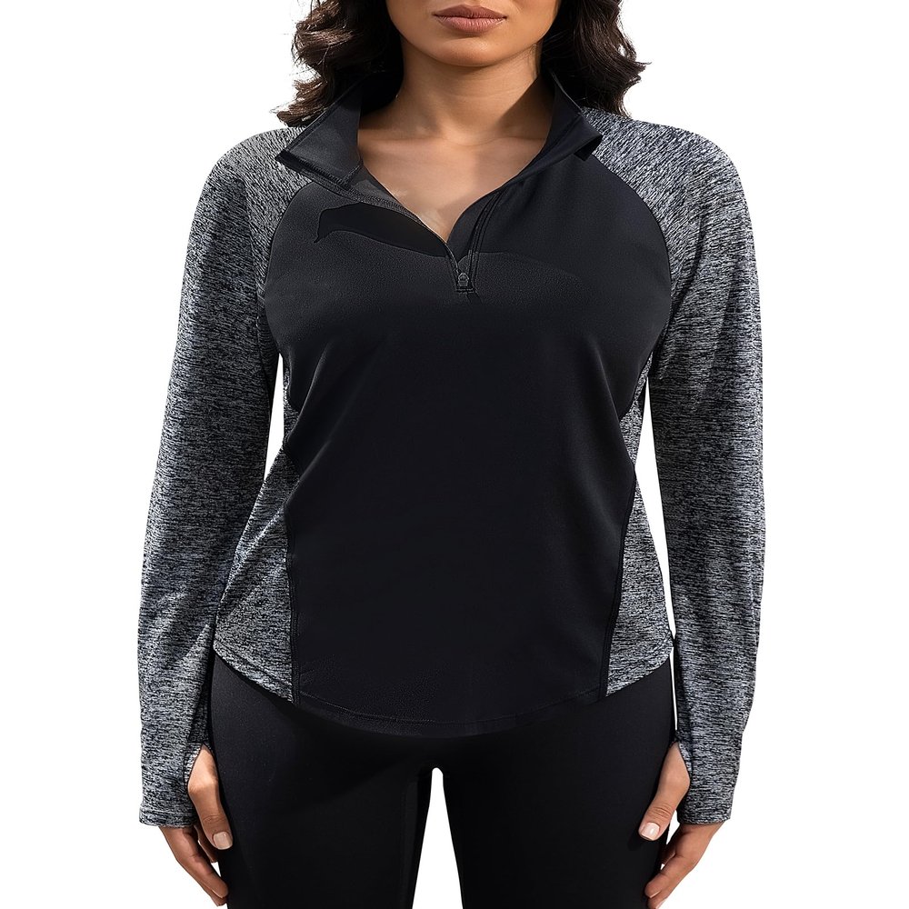 addigi Women's 1/4 Zip Workout Tops Long Sleeve Pullover Athletic Running Yoga Hiking Quick Dry UPF 50+ Sun Shirts with Thumbhole Black Gray Small