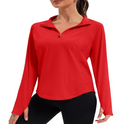 addigi Women's 1/4 Zip Long Sleeve Workout Tops Athletic Running Yoga Hiking Pullover Quick Dry UPF 50+ Sun Shirts with Thumb Hole Red Large