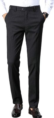 Maiyifu-GJ Men's Slim Stretch Striped Dress Pants Casual Business Formal Suit Pant Elastic Waist Skinny Flat Front Trousers (Black,33)