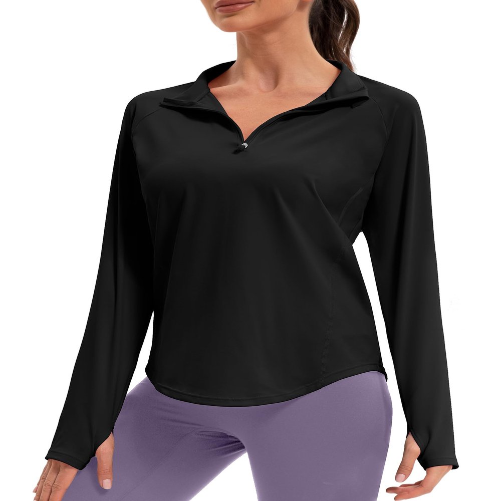 addigi Women's 1/4 Zip Pullover Long Sleeve Workout Tops Athletic Running Yoga Hiking Quick Dry UPF 50+ Sun Shirts with Thumb Hole Black Large