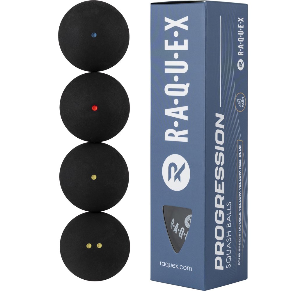 Raquex Progression Squash Balls (Mixed Box of 4 Balls) 4 x Speeds Per Box: Competition Double Yellow Dot, Yellow Dot, Red Dot, Blue Dot. WSF Approved Squash Ball