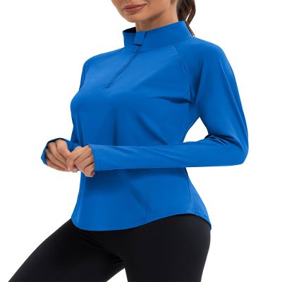 addigi Women's 1/4 Zip Long Sleeve Workout Tops Athletic Running Yoga Hiking Pullover Quick Dry UPF 50+ Sun Shirts with Thumb Hole Blue Medium