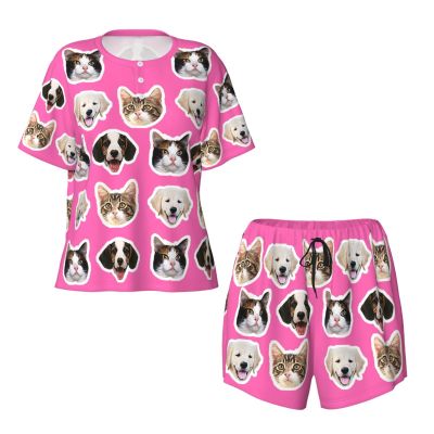 NineFit Basics Custom Short Pajamas Set with Face for Women Design Your Own Images Custom Pajama Set for Women Customizable Gifts Christmas Print Pets Lovers Family Friends Face Medium Pink