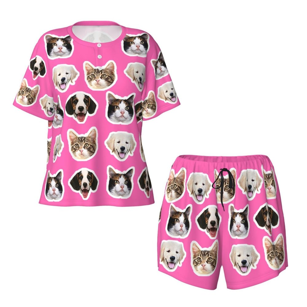 NineFit Basics Custom Short Pajamas Set with Face for Women Design Your Own Images Custom Pajama Set for Women Customizable Gifts Christmas Print Pets Lovers Family Friends Face Medium Pink