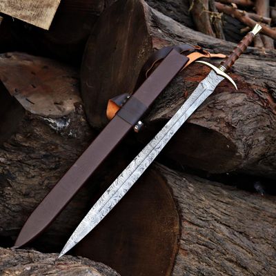 38-Inch Viking Sword with Scabbard Handmade Damascus Steel Blade Full Tang Norse Style Uhtred-Inspired Medieval Sword Replica(WCS-MED)