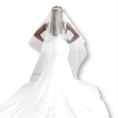NineFit Basics Pearl Wedding Veil with Blusher 9 feet, 2 Tiar Bridal Veil with Pearls, Wedding Long Veil, White Ivory Cathedral Veil (White)