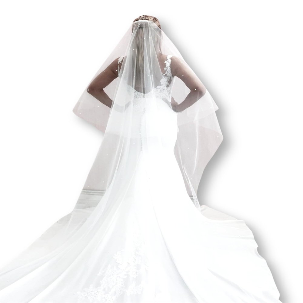 NineFit Basics Pearl Wedding Veil with Blusher 9 feet, 2 Tiar Bridal Veil with Pearls, Wedding Long Veil, White Ivory Cathedral Veil (White)