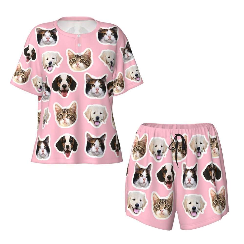 NineFit Basics Custom Short Pajamas Set with Face for Women Put Your Photo On It Custom Pajamas With Photo Customizable Gift Bridal Party Gift Print Pets Lovers Family Friends Face Medium Pink