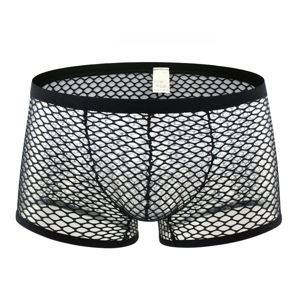 AIVibrat Men's Sexy Mesh Underwear Boxer Shorts Low Waist See-Through Fishnets Breathable Briefs (US, Alpha, XX-Large, Regular, Regular, Black)