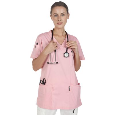 GUOER Women's V-Neck Scrub Top Unisex Scrubs Tops Rose-Pink-XS