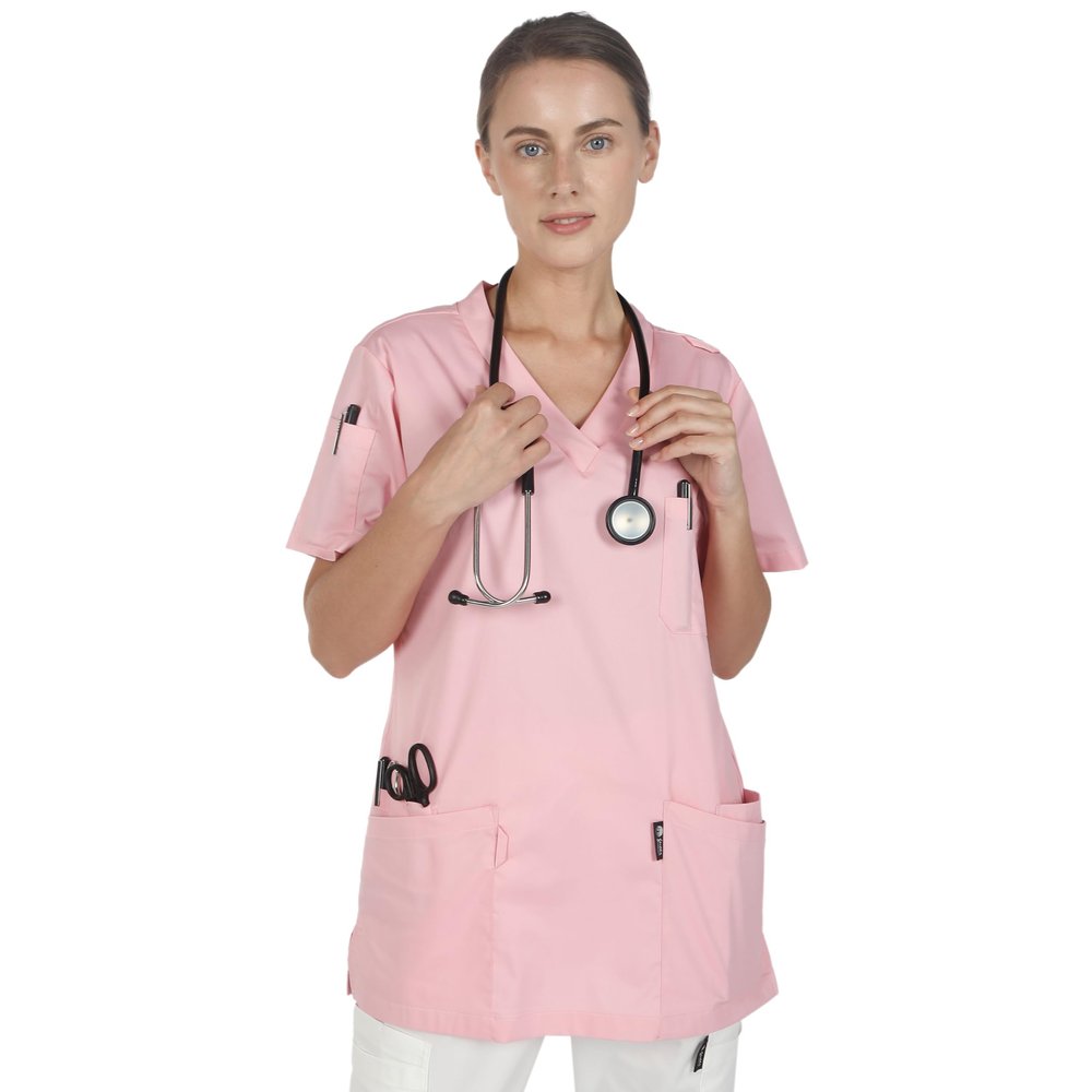 GUOER Women's V-Neck Scrub Top Unisex Scrubs Tops Rose-Pink-XS