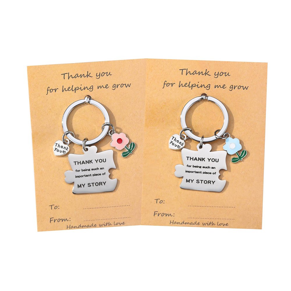 2Pcs Thank You keychain, Engraved Block Puzzle with Enameled Flower, Gifts for Friends, Coworkers, Heartwarming Therapist, Nurse Teacher Presents