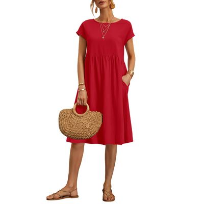 Akivide Women's Summer Cotton Linen Short Sleeve Dress Crew Neck Loose Casual Tunic Beach Dresses with Pockets