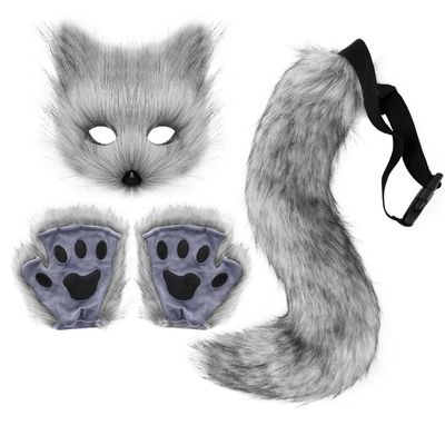 Faux Fur Fox Tail Cat Wolf Cosplay Costume Set Plush Mask Fluffy Paw Gloves Halloween Christmas Party for Girls Women (Dark Grey)