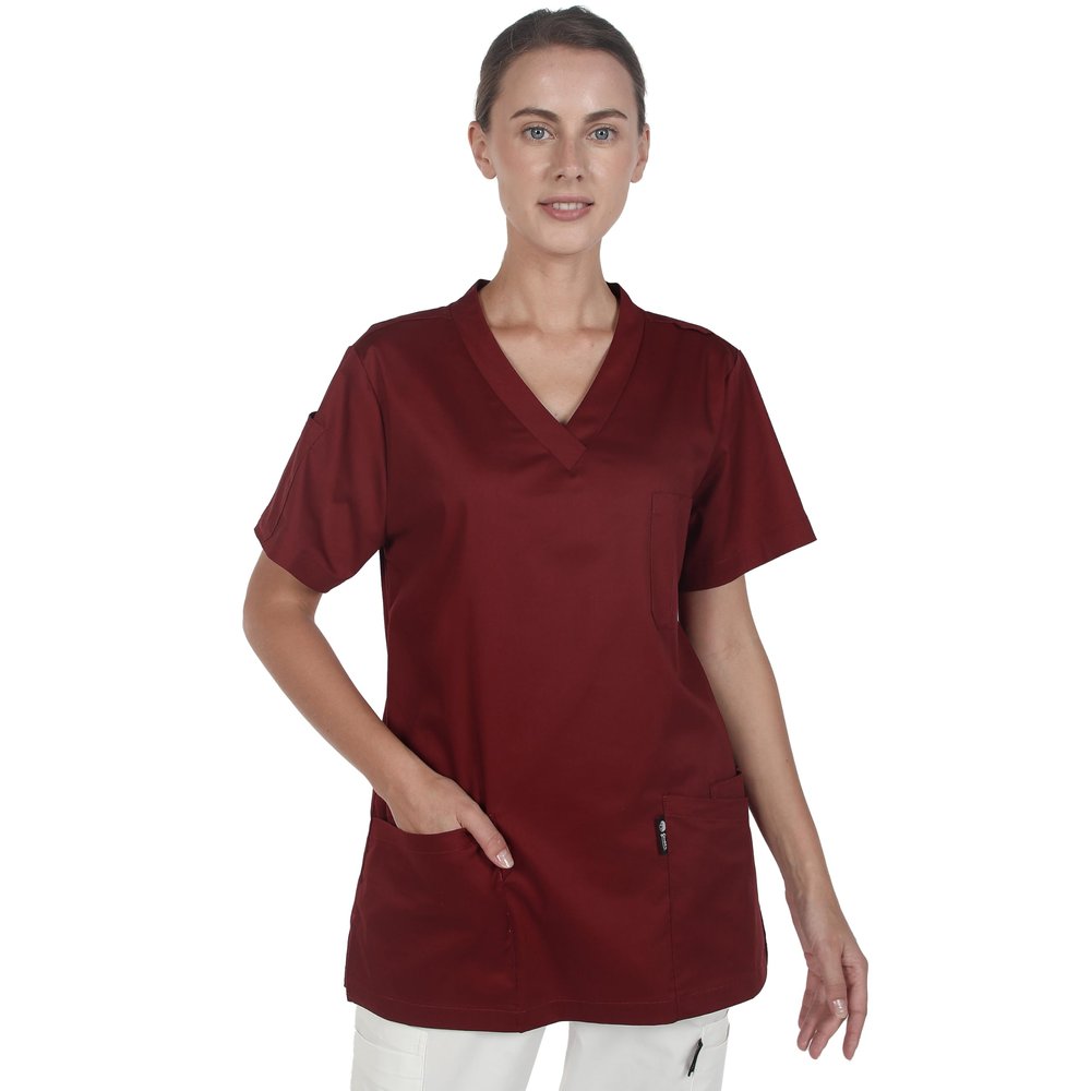 GUOER Scrub Top Unisex V-Neck Top Scrubs with 5 Pockets Wine-XS