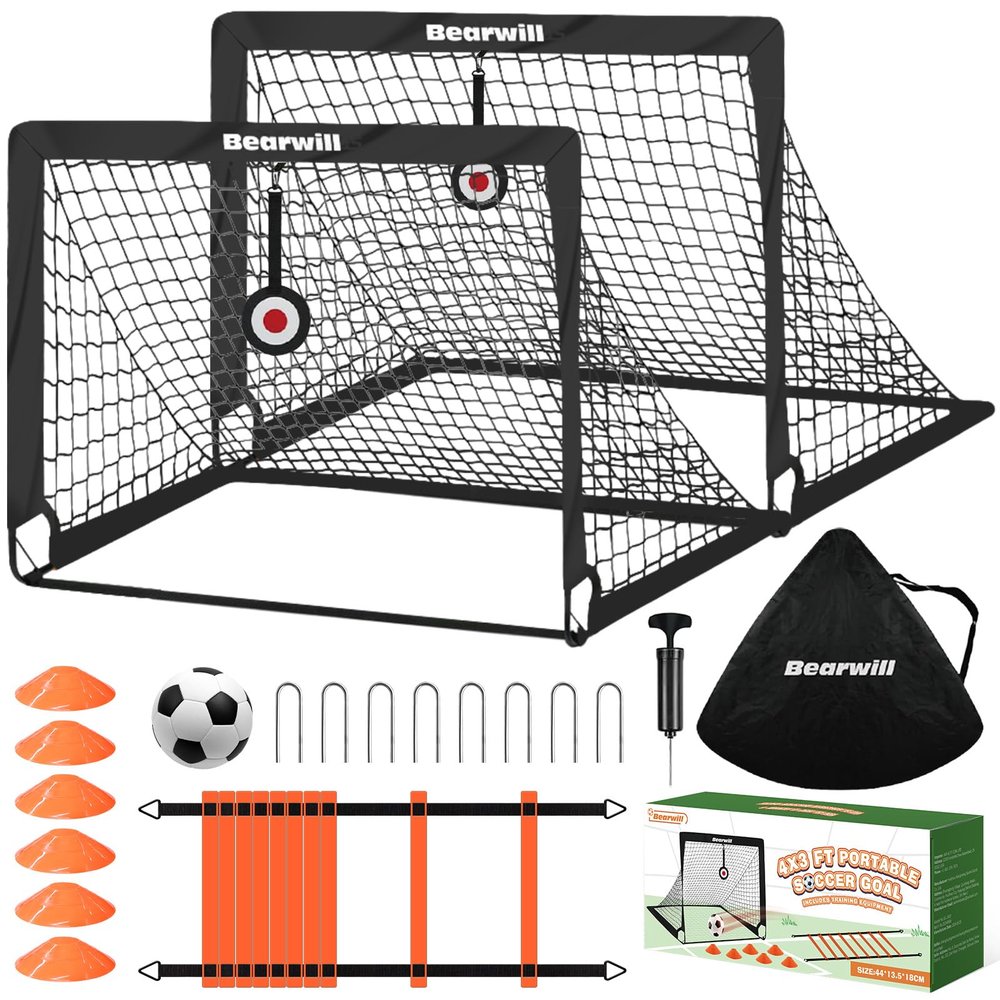 Bearwill Soccer Goal, Kids Soccer Goals for Backyard Set of 2, 4x3ft Portable Soccer Goal Pop Up Soccer Net, Kids Soccer Net for Backyard Training Equipment with Soccer Ball, Ladder, Cones, Targets