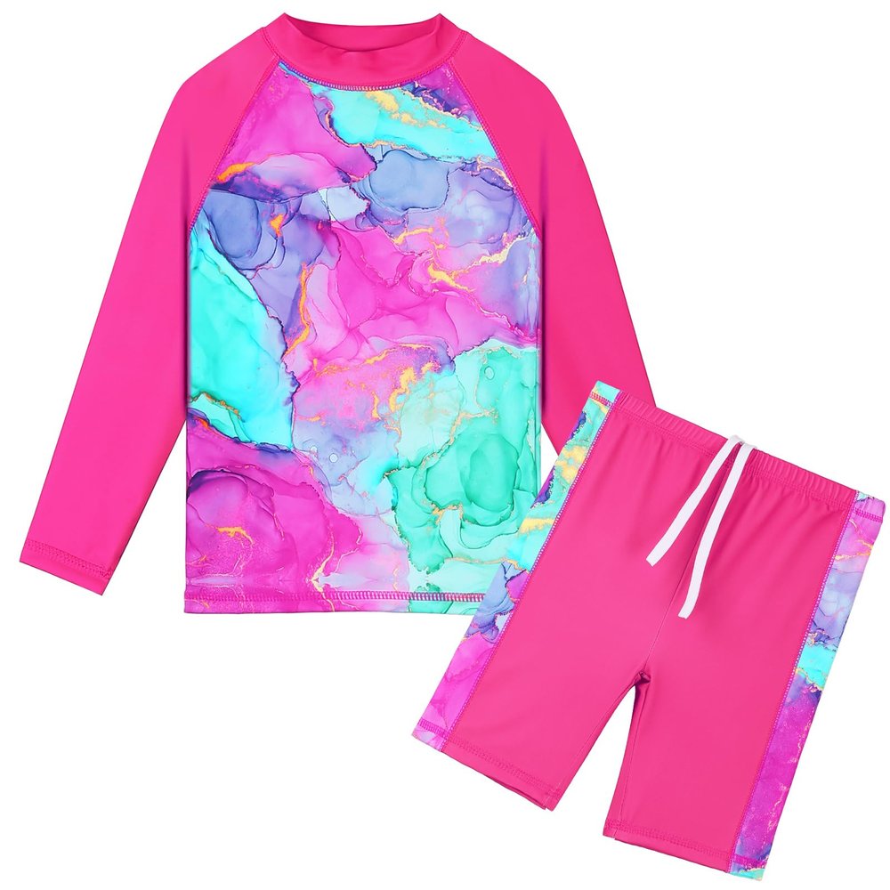 TFJH E 2PCS Girls Bathing Suits Long Sleeve Rash Guard Sets UPF 50+ Swimsuits HotPink Marble 104/110
