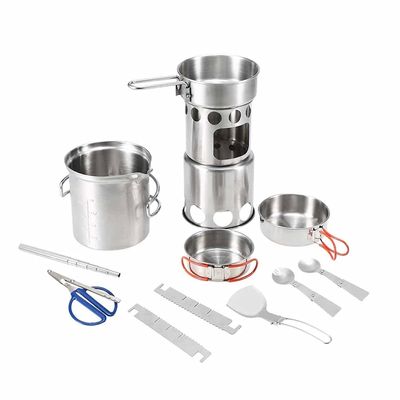 10Pcs Camping Cookware Mess Kit Portable Stainless Steel Folding Wood Stove Pot Pan Set Bowls Spoon Tableware Cooking Set