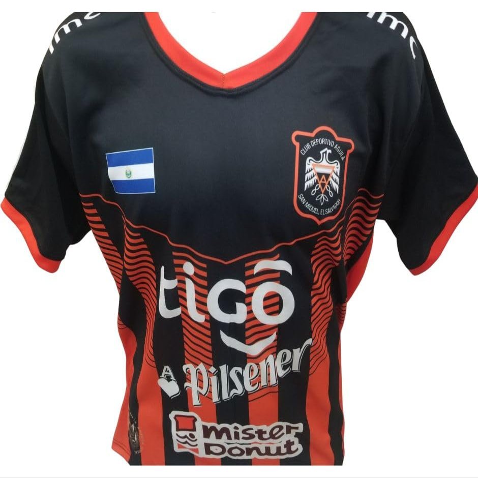CD Aguila - El Salvador Camisa Negro Naranja Rayada, Tu equipo Favorito, El Mas Popular del Oriente de Tu Pais (Small)