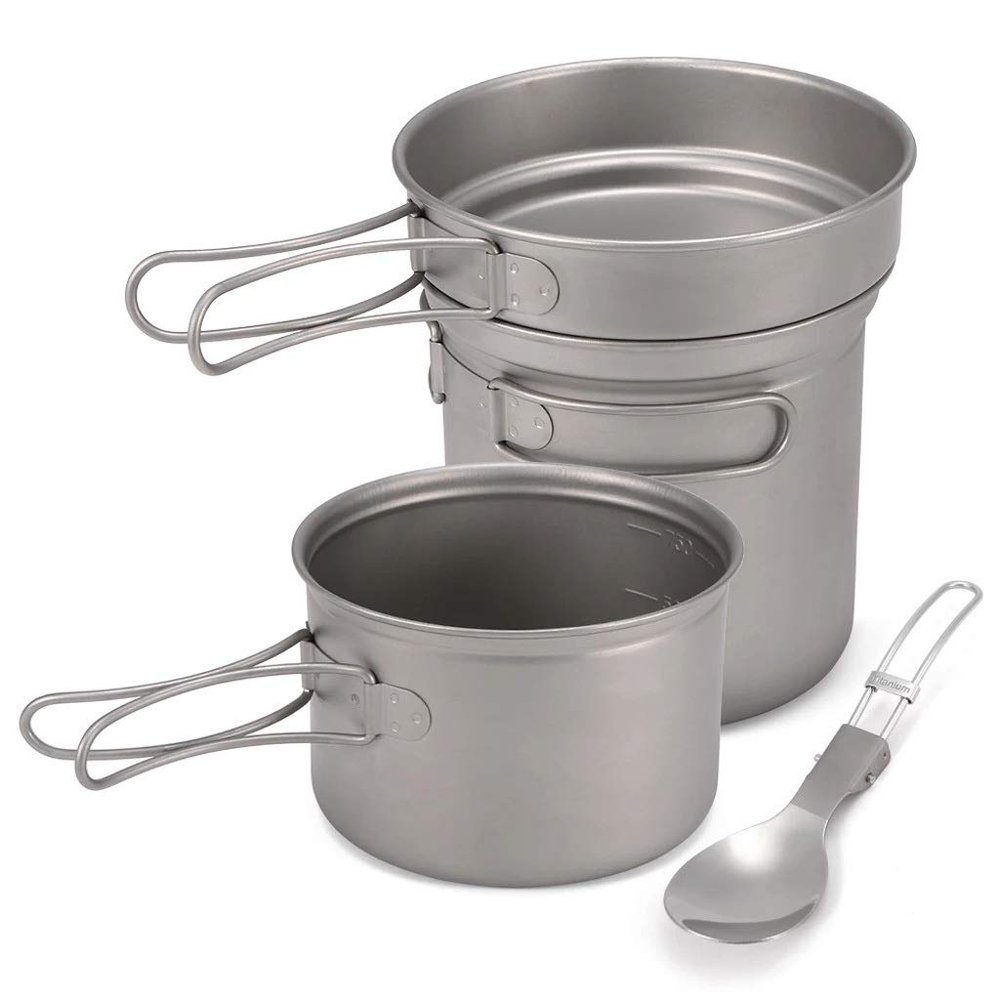 Camping Titanium Cookware Set 1000ml 750ml Pot Pan Spoon Set for Outdoor Camping Hiking Backpacking Picnic Cooking Equipment
