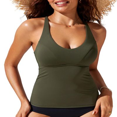 CRZ YOGA Tankini Tops for Women Crossover Adjustable Tie Back Bathing Suits Swimsuit Only No Bottom Padded Dark Olive Large