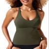 CRZ YOGA Tankini Tops for Women Crossover Adjustable Tie Back Bathing Suits Swimsuit Only No Bottom Padded Dark Olive Large view 1