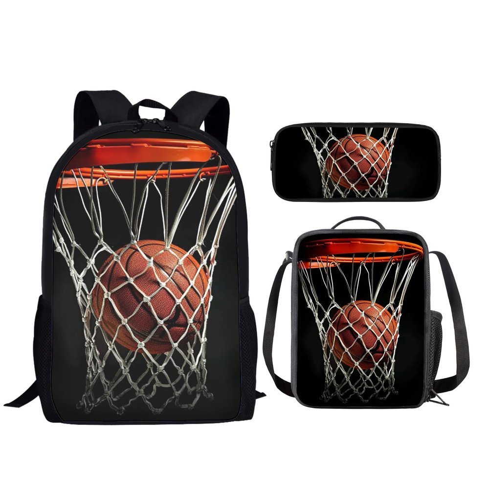 HUGS IDEA Boys Backpack Set Basketball Going Through the Net School Bags Set Kids 3 Pcs Backpack Bookbag with Lunch Box and Pencil Case