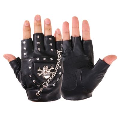 EINCORN Half Finger Punk Rivets PU Leather Gloves Black Biker Gloves with Metal Chain for Motorcycles Fingerless Dancing Mittens