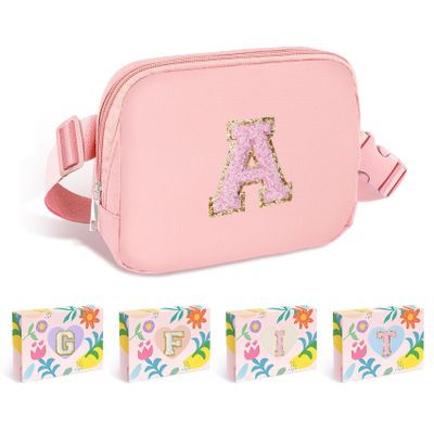 COSHAYSOO Pink Belt Bag Fanny Pack Crossbody Travel Essential Stuff Trendy Birthday Easter Gifts for 4 5 6 7 8 9 10 11 12 Year Old Little Big Girls Monogrammed Cute Presents Initial Letter A