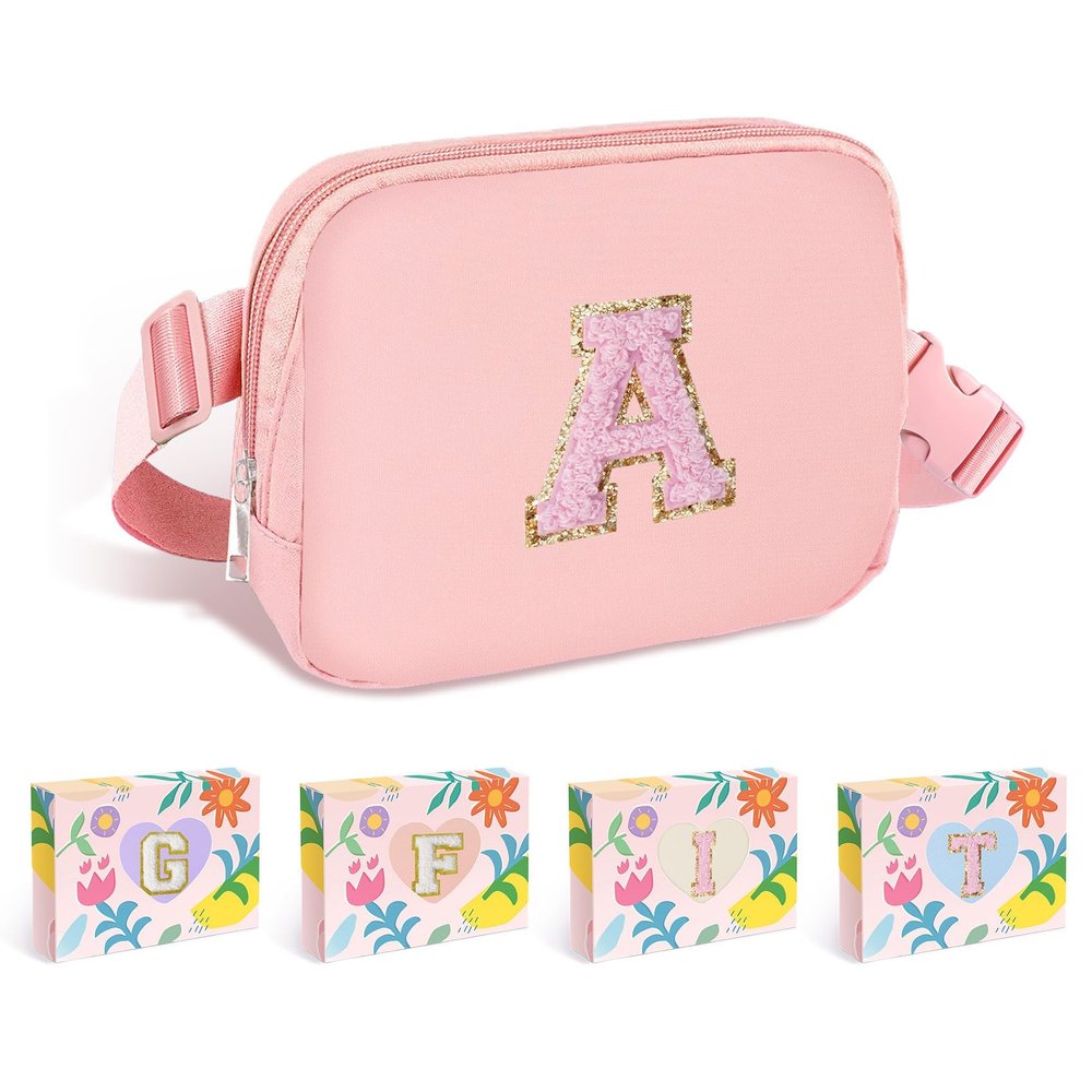 COSHAYSOO Pink Belt Bag Fanny Pack Crossbody Travel Essential Stuff Trendy Birthday Easter Gifts for 4 5 6 7 8 9 10 11 12 Year Old Little Big Girls Monogrammed Cute Presents Initial Letter A