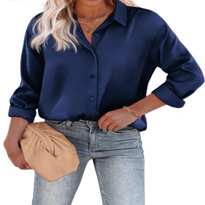 Chigant Satin Blouse for Women Casual Loose Long Sleeve Silk Button Down Shirts Blouses Top Navy Blue