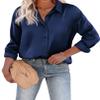 Chigant Satin Blouse for Women Casual Loose Long Sleeve Silk Button Down Shirts Blouses Top Navy Blue view 1