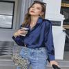 Chigant Satin Blouse for Women Casual Loose Long Sleeve Silk Button Down Shirts Blouses Top Navy Blue view 2