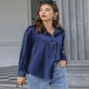 Chigant Satin Blouse for Women Casual Loose Long Sleeve Silk Button Down Shirts Blouses Top Navy Blue view 3