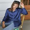 Chigant Satin Blouse for Women Casual Loose Long Sleeve Silk Button Down Shirts Blouses Top Navy Blue view 4