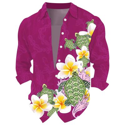 xoxingysm Graphic Button Down Tee Shirts for Men Long Sleeve Roll Up Wrinkle Free Summer Floral Turtle Print Vacation Tee Top C Purple