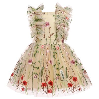 ODASDO Kids Tutu Tulle Floral Embroidery Princess Dress Birthday Party Outfit Flower Girls Wedding Guest Pageant Graduation Dress Child Summer Puffy Knee Length Dresses Photoshoot Light Yellow 7-8Y