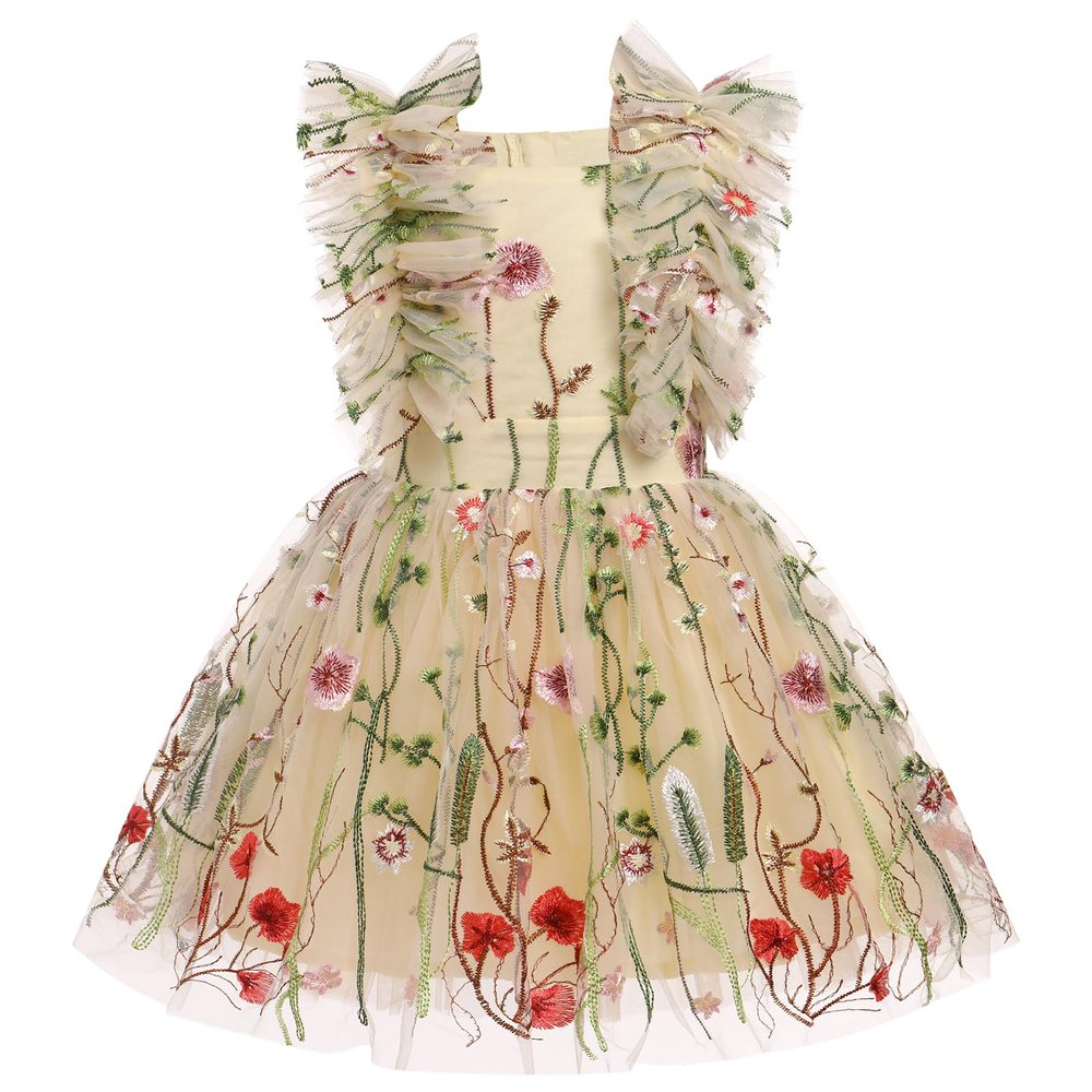 ODASDO Kids Tutu Tulle Floral Embroidery Princess Dress Birthday Party Outfit Flower Girls Wedding Guest Pageant Graduation Dress Child Summer Puffy Knee Length Dresses Photoshoot Light Yellow 7-8Y