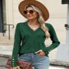 AKEWEI Women's Fall Sweaters V Neck Casual Long Sleeve Tops Shirts Ribbed Buttons Pullover(Green,Medium) view 3