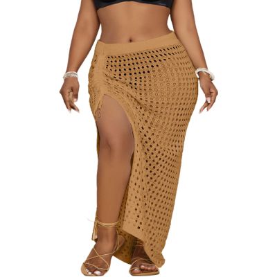 Bsubseach Womens Crochet Cover Up Skirt 2025 Knit Drawstring Long Coverups for Swimwear Elastic Waist Beach Wrap Khaki