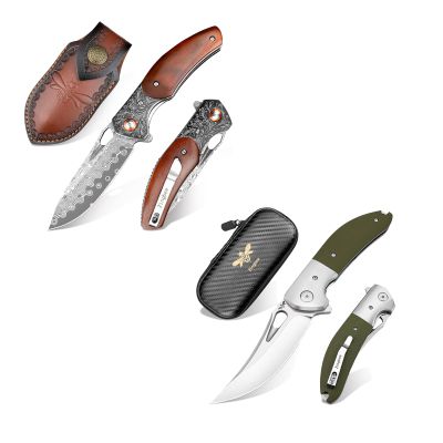 Zingbee 3.35" Damascus Pocket Knife with Sheath & 3.7" 14C28N Blade Folding Knife