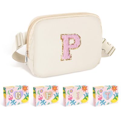COSHAYSOO Ivory Belt Bag Fanny Pack Crossbody for 6-8 8-10 10-12 Year Old Girls, Valentines Easter Birthday Gifts Personalized Initial Letter P
