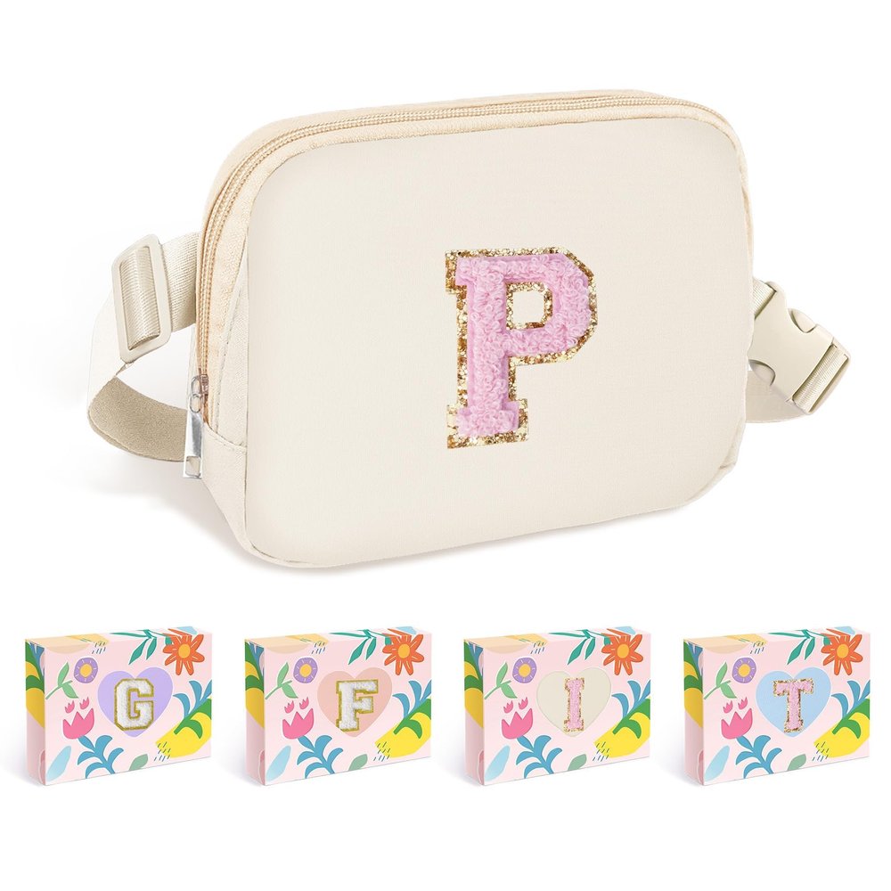 COSHAYSOO Ivory Belt Bag Fanny Pack Crossbody for 6-8 8-10 10-12 Year Old Girls, Valentines Easter Birthday Gifts Personalized Initial Letter P